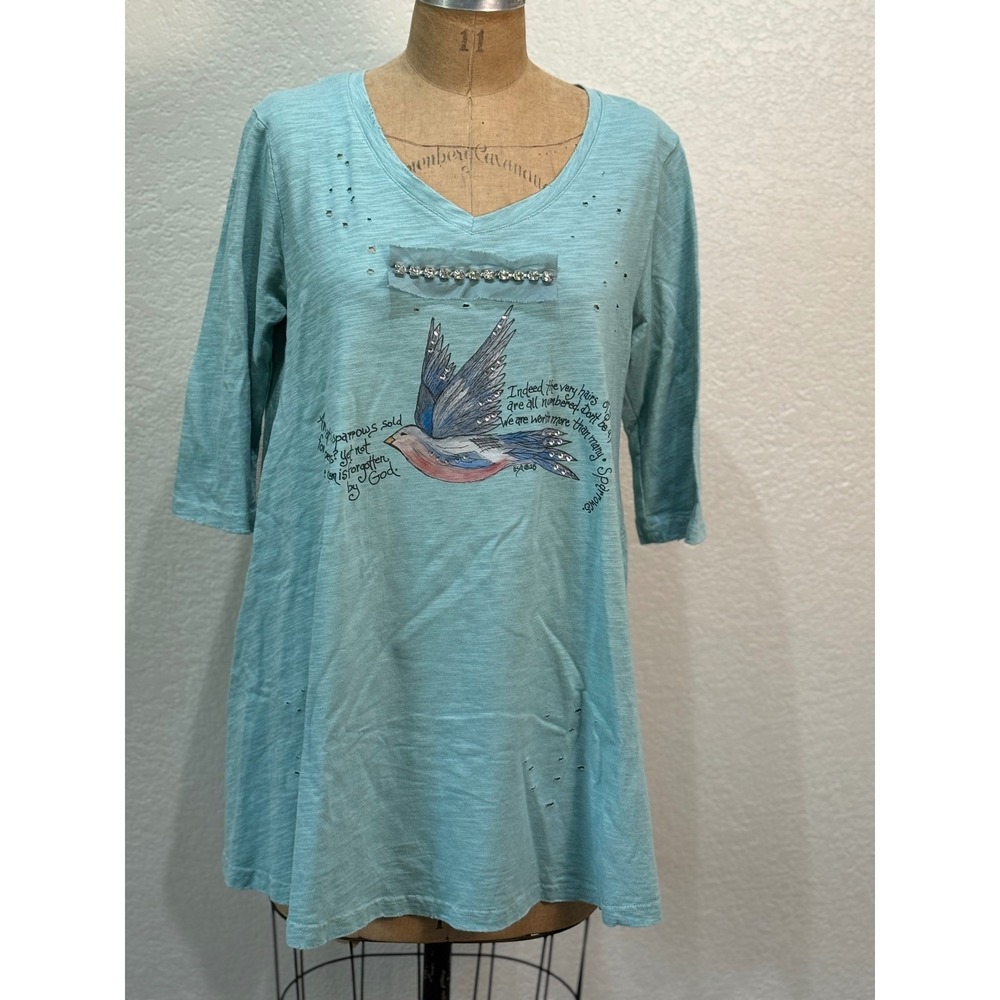A‎ Rare Bird Blue Distressed Sparrow Scripture Tunic 3/4 Sleeve Tee L/XL NWT